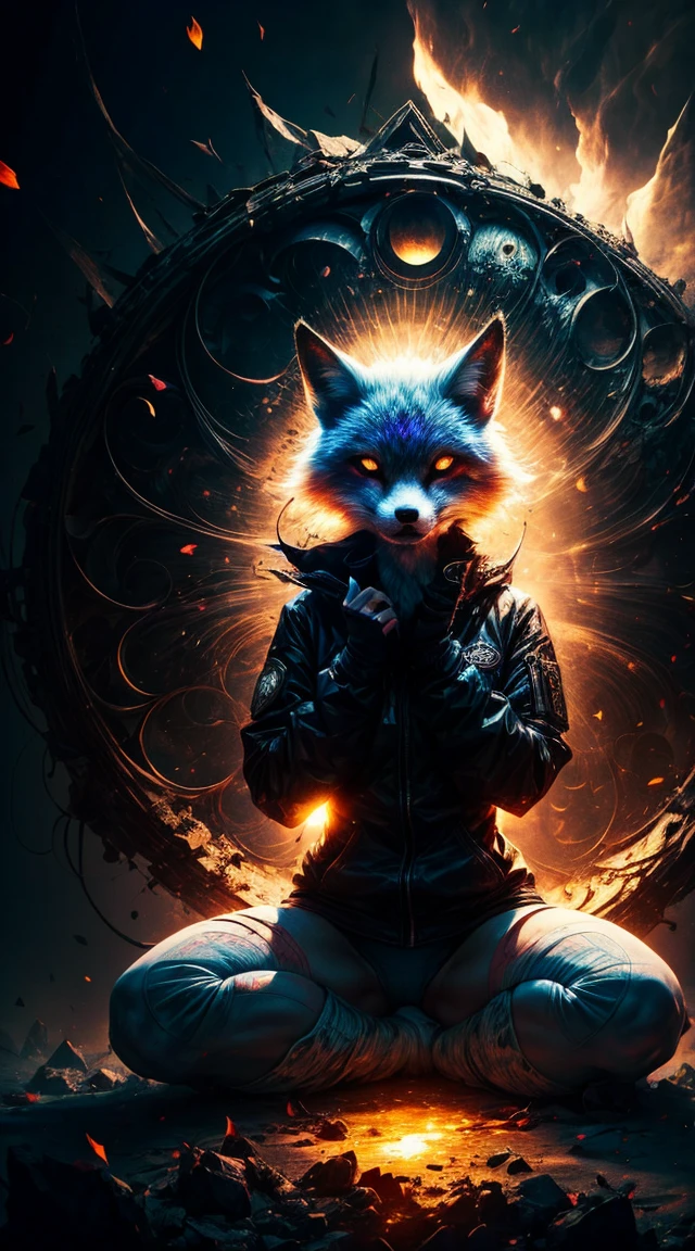 Full body photograph of a girl in lotus position,raw, Shooting, (Be concentrated:1.5), (reality:1.4), dusk lighting, volumetric lighting, ultra high resolution,dramatic lighting, White background,(zentangle,mandala,dispute,Plot), fox demon,Fox mask,bomber jacket, Foxfire Curse, fox family, transformation, depth of field, dream atmosphere, The most beautiful chaos, funny, Dark Brutalist Design Theme., flower of death, Flowers of ecstasy,bright line,Example of glow,Tracking example,flash, Backlight,translucent,light particles, petal girl