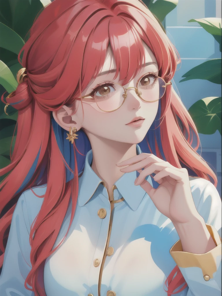 a close up of image of girl with glasses and gold hair and long neck, 1girl, solo, long hair, tinted eyewear, round eyewear, sunglasses, jewelry, red hair, bangs