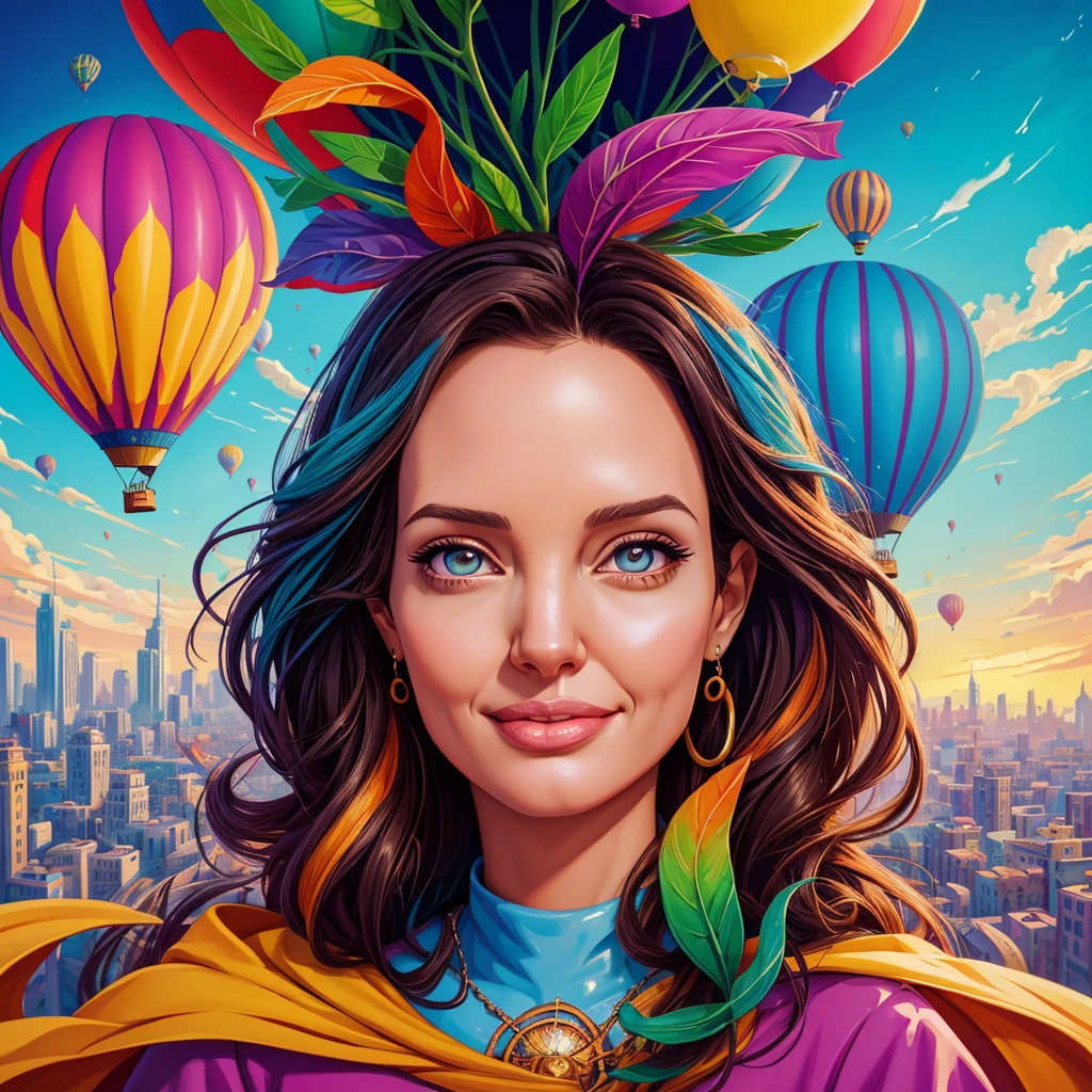 a painting of gigantic woman's head with face of Winona Ryder morphed with Angelina Jolie with colorful hair in a shape of tree and lianas, a neck growing out of the ground, dalightful smile, a city skyline, hot air balloons, flying bulbs and plant trees in the air, beeple and jeremiah ketner, dan mumford tom bagshaw, colorfull digital fantasy art, inspired by Cyril Rolando, inspiring digital art, colorful digital painting, paint splashes, paint driping, gorgeous digital art, beautiful art uhd 4 k, stunning digital illustration, vibrant digital painting, stylized digital art