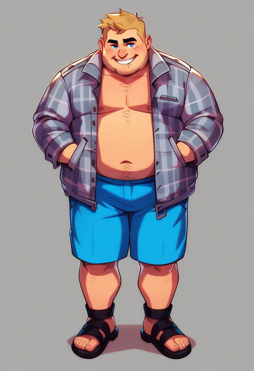atso, 1boy, full body, solo, fat man, dirty blonde hair, blue eyes, black eyebrows, gray plaid jacket, black sandals, blue jean shorts, simple background, standing, overbite