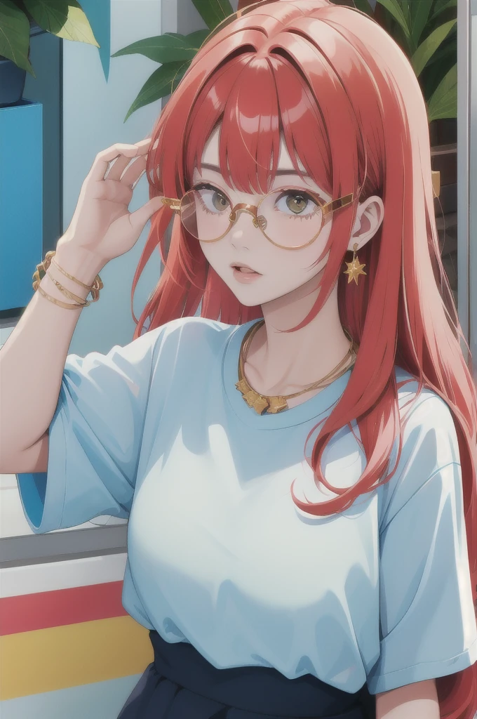 a close up of image of girl with glasses and gold hair and long neck, 1girl, solo, long hair, tinted eyewear, round eyewear, sunglasses, jewelry, red hair, bangs