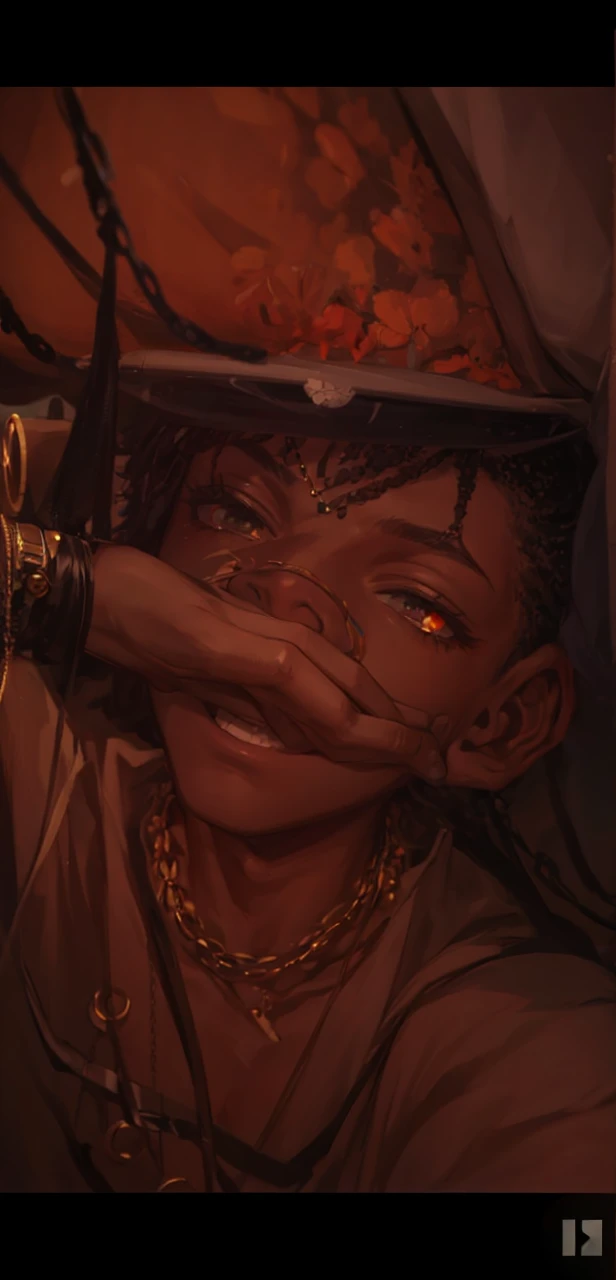 a black male boy, around 24 putting on eyes glass an necklace in a rad room looking open making call opened his mount