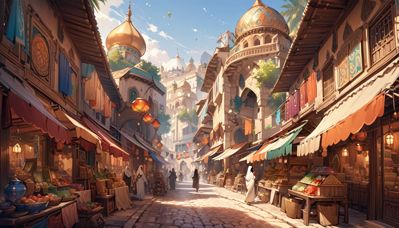 Arabian-style city, illustration, intricate architecture, vibrant market stalls, cobblestone streets, colorful textiles, ornate domes, bustling atmosphere, traditional clothing, warm desert tones, midday sunlight, detailed, fantasy art, 2d.,Highest quality,masterpiece