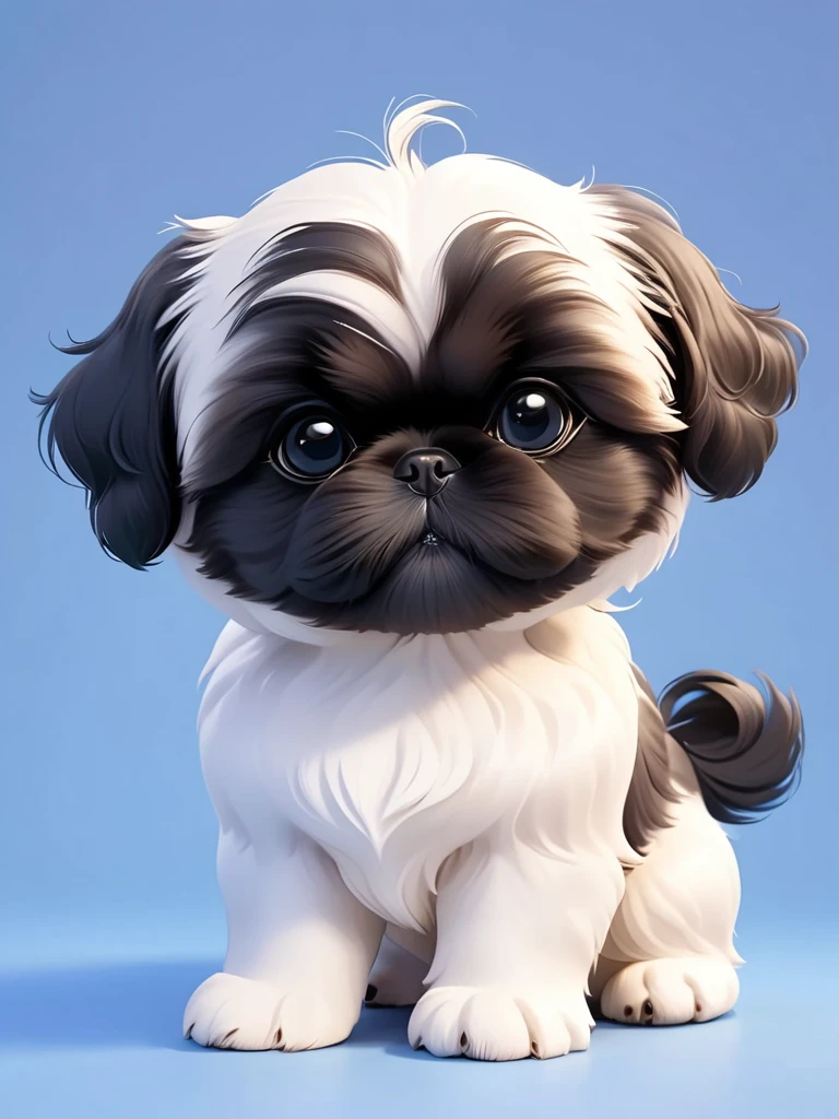 2 adorable small black Shih Tzu puppies Close one eye:1.6)，3D Rendering，Solid color background，close up，chibi anime，Surrealism，cartoon Q version