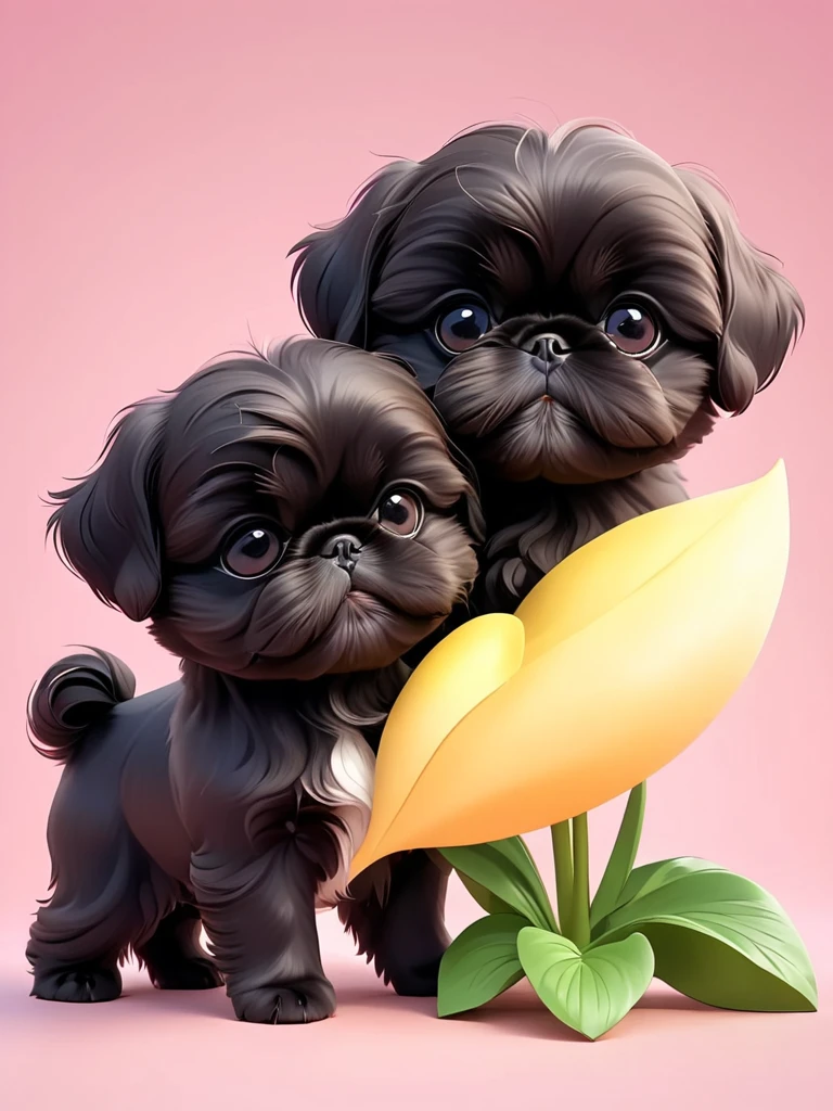 2 adorable small black Shih Tzu puppies Close one eye:1.6),3D Rendering,Solid color background,close up,chibi anime,Surrealism,cartoon Q version