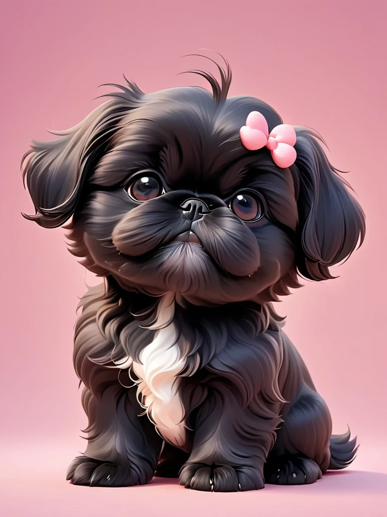 2 adorable small black Shih Tzu puppies Close one eye:1.6),3D Rendering,Solid color background,close up,chibi anime,Surrealism,cartoon Q version