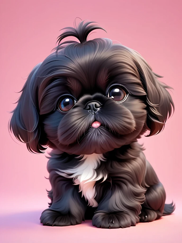 2 adorable small black Shih Tzu puppies Close one eye:1.6)，3D Rendering，Solid color background，close up，chibi anime，Surrealism，cartoon Q version