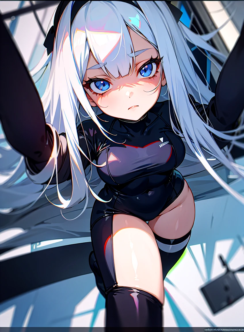 White hair girl, face with a calm expression looking up, vestimentas : black swimsuit, black thigh high socks.