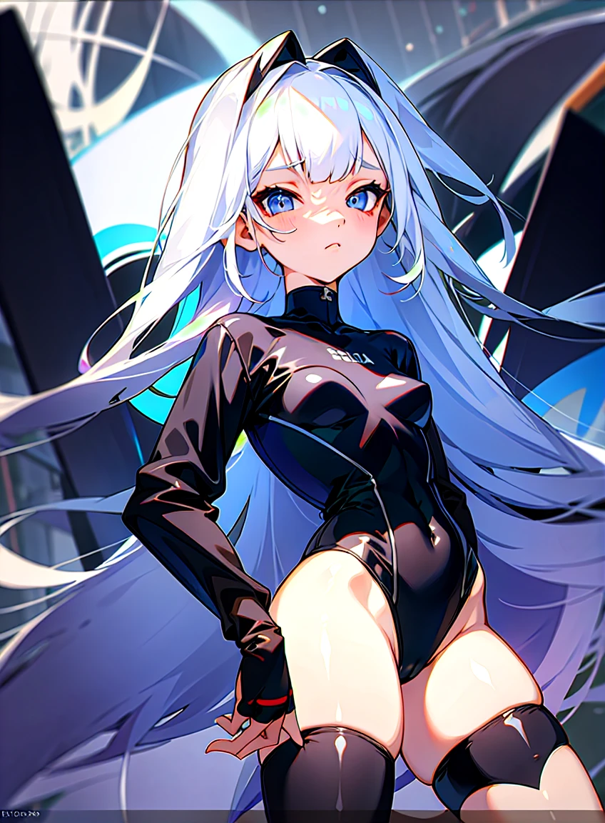 White hair girl, face with a calm expression looking up, vestimentas : black swimsuit, black thigh high socks.