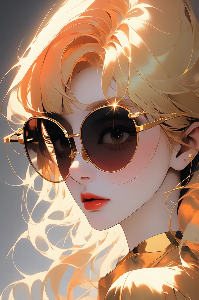 a close up of image of girl with glasses and gold hair and long neck, 1girl, solo, long hair, tinted eyewear, round eyewear, sunglasses, jewelry, red hair, bangs