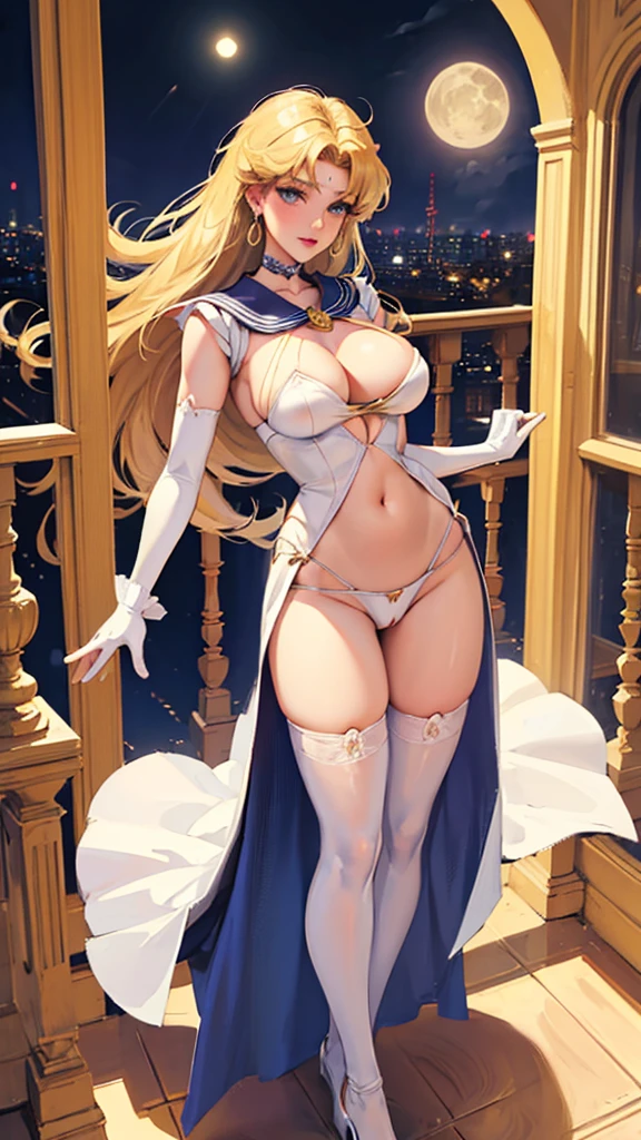 Sailor Moon cosplay, Standing in front sexy woman,  open legs sitting on balcon showing pussy, balcony, blonde woman, white long gloves, white high knee laced stockings, Lana Rhoades herself,, like a prostitute, castle in the background, a nightly noon, full moon, , hot woman, bikini, xxl  , touching hair, hands on waist, looking side, touching hair. pinup pose, showing and belly, big areolas showing nipples, hourglass body, focus on hands, Standing in front, hands, shows hands, hocus pocus hands,