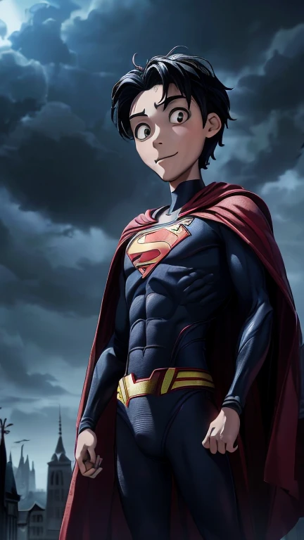 (8k),(masterpiece),(Japanese),(-yeld bo((innocent look)),((Childish)),From the front,smile,cute,Innocent,Kind eyes,Flat chest, DC Superman superhero,red cape,short,Hair blowing in the wind,Black Hair,Strong wind,midnight,dark,gothichorrorai Gotham City,TimBurton Animation style