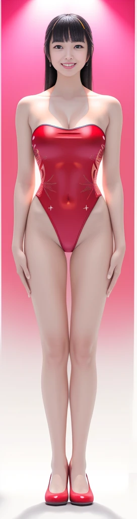 On a white background,A tall and beautiful Chinese girl,with fair skin,Toothy smile,A big smile,When you laugh, Your eyes are crescent-shaped,blunt bangs, long straight hair,Wear a one-piece swimsuit and pumps,Swimsuits are decorated with joyful patterns, Stand up straight,Stand upright,hands on sides,Symmetrical distribution,Ray tracing,All shaded areas,No windows, Soft lighting, Warm light, flood light, n, Studio light, 1.4x Realistic Ultra HD
