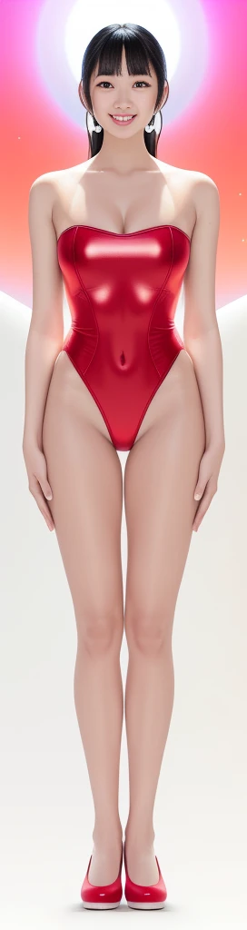 On a white background，A tall and beautiful Chinese girl，with fair skin，Toothy smile，A big smile，When you laugh, Your eyes are crescent-shaped，blunt bangs, long straight hair，Wear a one-piece swimsuit and pumps，Swimsuits are decorated with joyful patterns, Stand up straight，Stand upright，hands on sides，Symmetrical distribution，Ray tracing，All shaded areas，No windows, Soft lighting, Warm light, flood light, n, Studio light, 1.4x Realistic Ultra HD