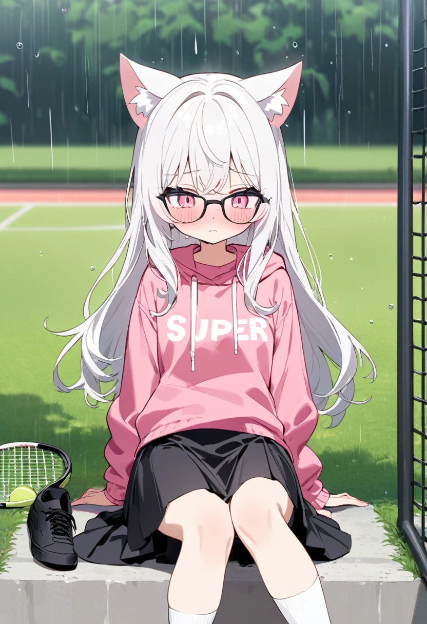 that she is in a park on a rainy day and that she is wet that she has a shy face that she has white hair some cat ears some black glasses pink eyes a super blushing big pink sweatshirt a black skirt some white socks some black Vans tennis shoes and she is a super reserved girl