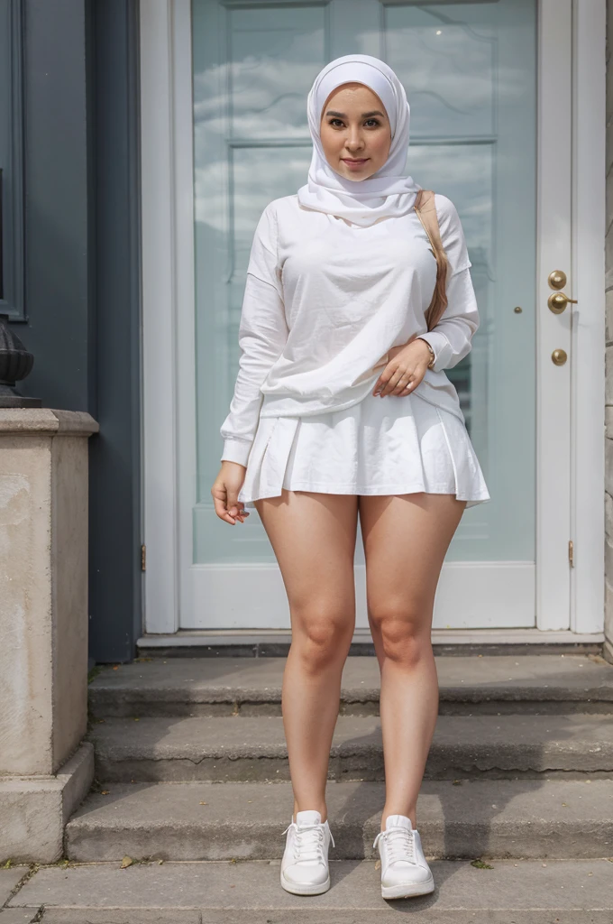 trileg, beautiful woman with three curvy legs, casual outfit with skirt, casual white sneakers, age 29, Irish, hijab