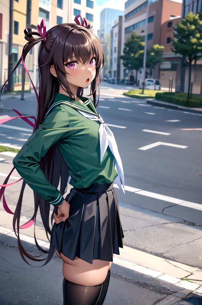(masterpiece,best quality, detailed), 1girl, solo, outdoors, day, street, hand on hip, :o, from side, looking at viewer,
mizuki yukikaze, hair ribbon, , green shirt, serafuku, pleated skirt, black skirt, black thighhighs, (white neckerchief), long sleeves, 