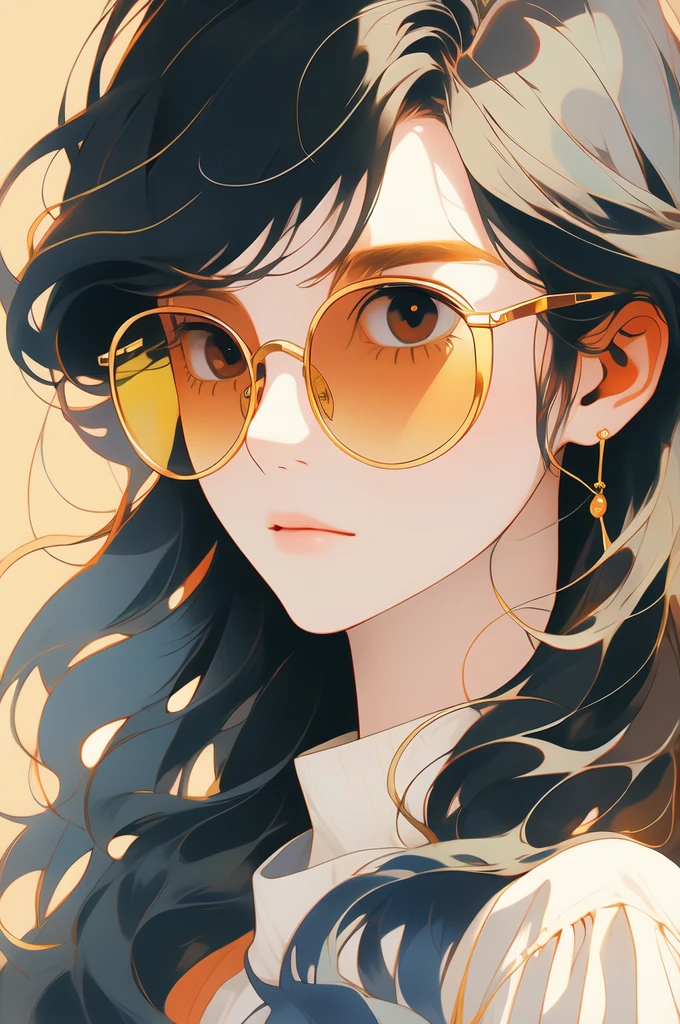 a close up of image of girl with glasses and gold hair and long neck, 1girl, solo, long hair, tinted eyewear, round eyewear, sunglasses, jewelry, black hair, bangs