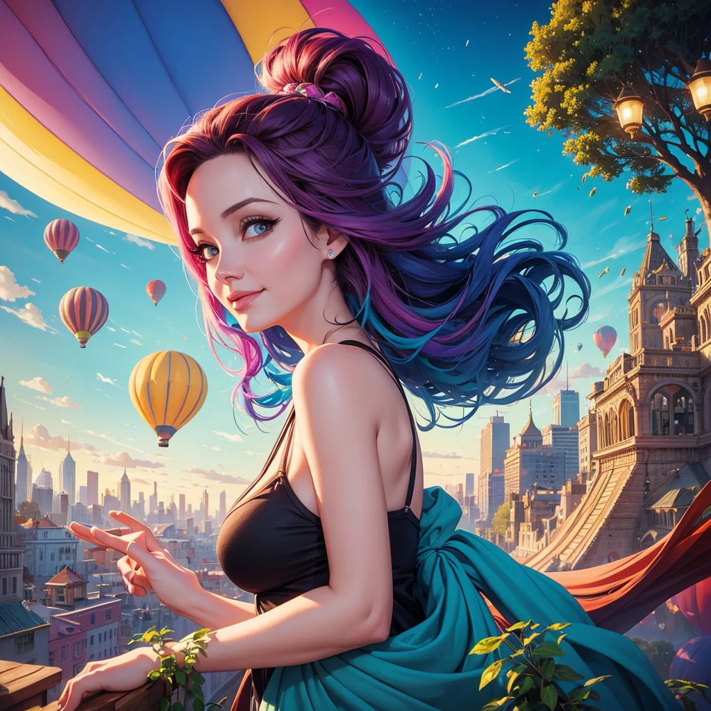 a painting of gigantic woman's head with face of Winona Ryder morphed with Angelina Jolie with colorful hair in a shape of tree and lianas, a neck growing out of the ground, dalightful smile, a city skyline, hot air balloons, flying bulbs and plant trees in the air, beeple and jeremiah ketner, dan mumford tom bagshaw, colorfull digital fantasy art, inspired by Cyril Rolando, inspiring digital art, colorful digital painting, paint splashes, paint driping, gorgeous digital art, beautiful art uhd 4 k, stunning digital illustration, vibrant digital painting, stylized digital art