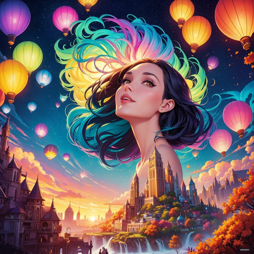 a painting of gigantic woman's head with face of Winona Ryder morphed with Angelina Jolie with colorful hair in a shape of tree and lianas, a neck growing out of the ground, dalightful smile, a city skyline, hot air balloons, flying bulbs and plant trees in the air, beeple and jeremiah ketner, dan mumford tom bagshaw, colorfull digital fantasy art, inspired by Cyril Rolando, inspiring digital art, colorful digital painting, paint splashes, paint driping, gorgeous digital art, beautiful art uhd 4 k, stunning digital illustration, vibrant digital painting, stylized digital art