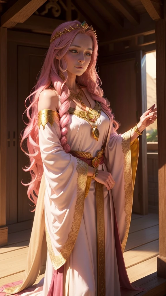 medieval fantasy, priestess in her late 40s, warm and welcoming presence, long wavy chestnut hairs, pink and gold ribbons, gentle green eyes, fair skin bears the soft lines of age and wisdom, flowing pink and gold robes, gold pendant, in a temple