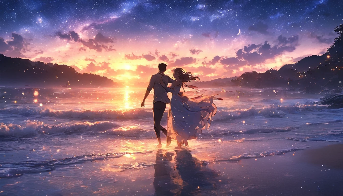 Create videos with realistic photo-like backgrounds and anime-like characters.

The scene is a night beach under the stars, with one man and one woman dancing.

The night is hopeful, and the moonlight illuminates the scene. Waves gently crash on the shore,

creating a serene and magical atmosphere. "

Masterpiece, 8K, tabletop, RAW photo, amazing, best quality, photo-real and highly detailed CG integrated 8K wallpaper, high quality

Highly detailed, narrative poetry, particle effects, dynamic effects, character border depth, cinematic light, lens flare, ray tracing, tabletop, real

, ultra high resolution, fantasy,

Quiet and beautiful grassland, vast land, lakeside, amazing scenery, beautiful natural landscape, night sky,