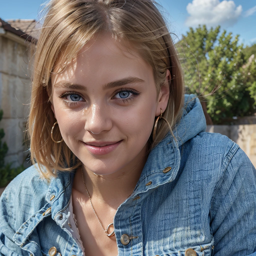 1 girl, beautiful detailed eyes, beautiful detailed lips, extremely detailed eyes and face, long eyelashes, blonde hair, short hair, jewelry, earrings, smiling, jacket, looking sideways, denim, denim jacket, upper body, lingerie, closed mouth, cloud, sky, day, averted gaze, blue sky, collarbone,