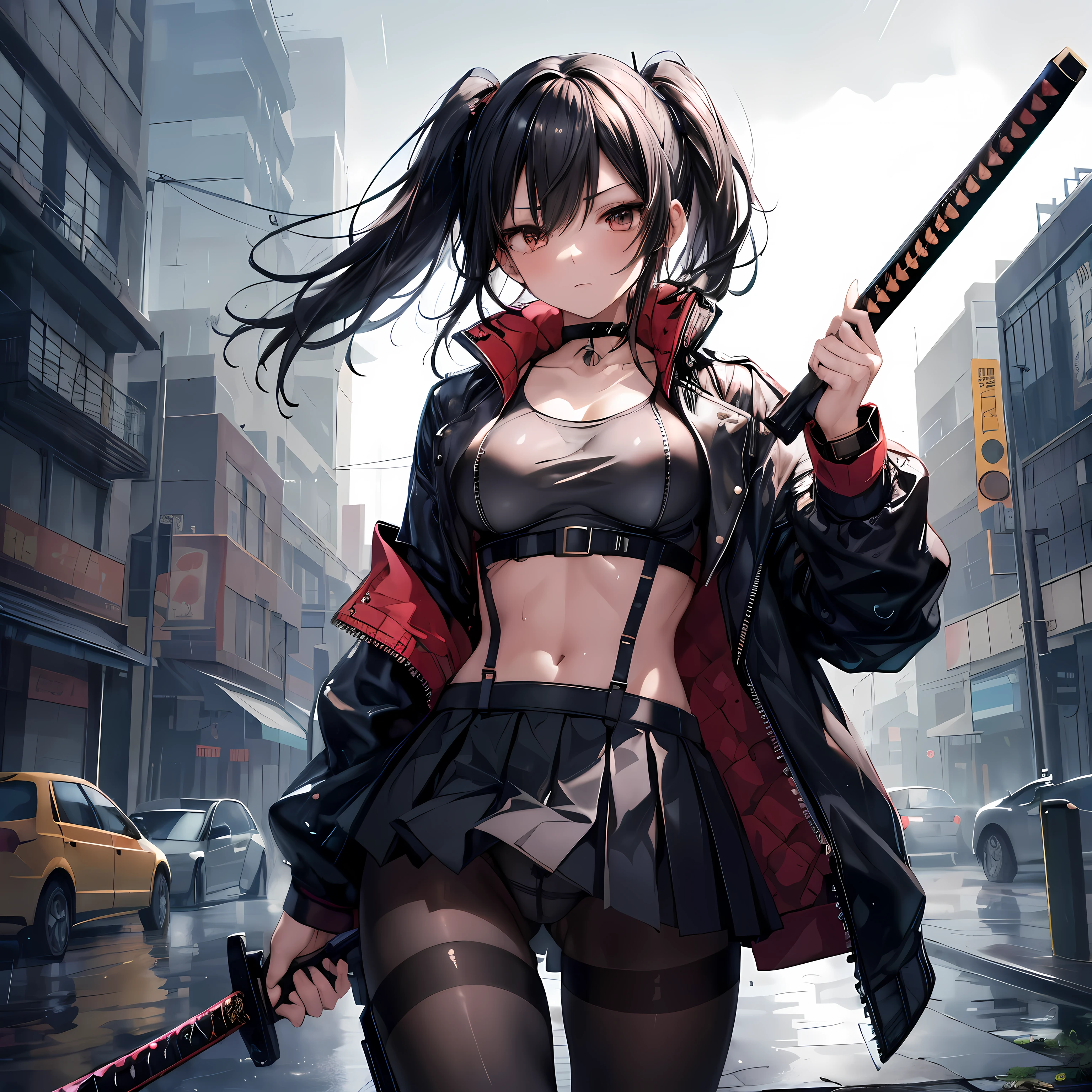 ((Highest quality)), ((masterpiece)), (detailed), 1girl, solo, have a katana, black hair, crop top, jacket, miniskirt, suspender skirt, pantyhose, panties, panties under pantyhose, choker, bracelet, battoujutsu stance,weapon, rain, (Wet), see through, expressionless, ass pov, Steampunk