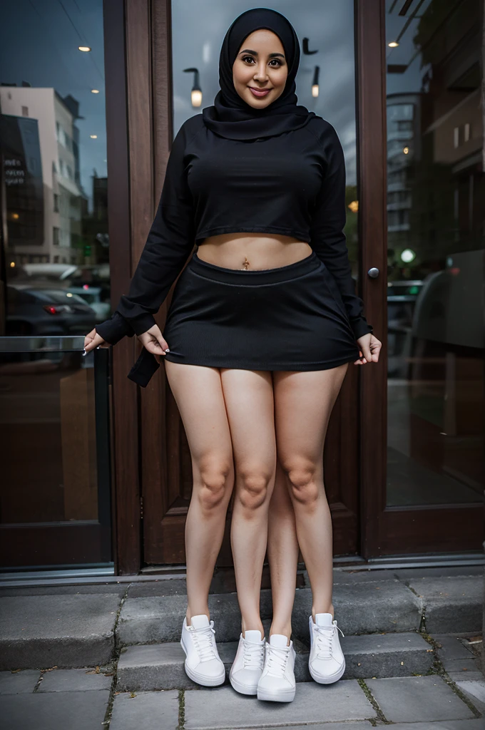 trileg, beautiful woman with three curvy legs, black crop with skirt, casual white sneakers, age 29, Irish, hijab, two headed