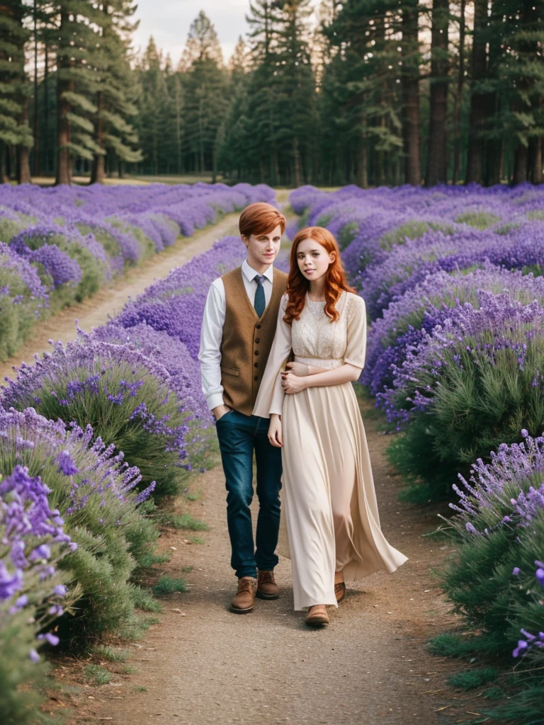 A girl walking with a boy ,The girl has reddish hair and light green eyes , the boy brown hair and amber eyes,the place around them is beautiful, hay sauces,Firs,pine trees along the way,gesture of an upholstered candle holder full of violets,daffodils and roses 