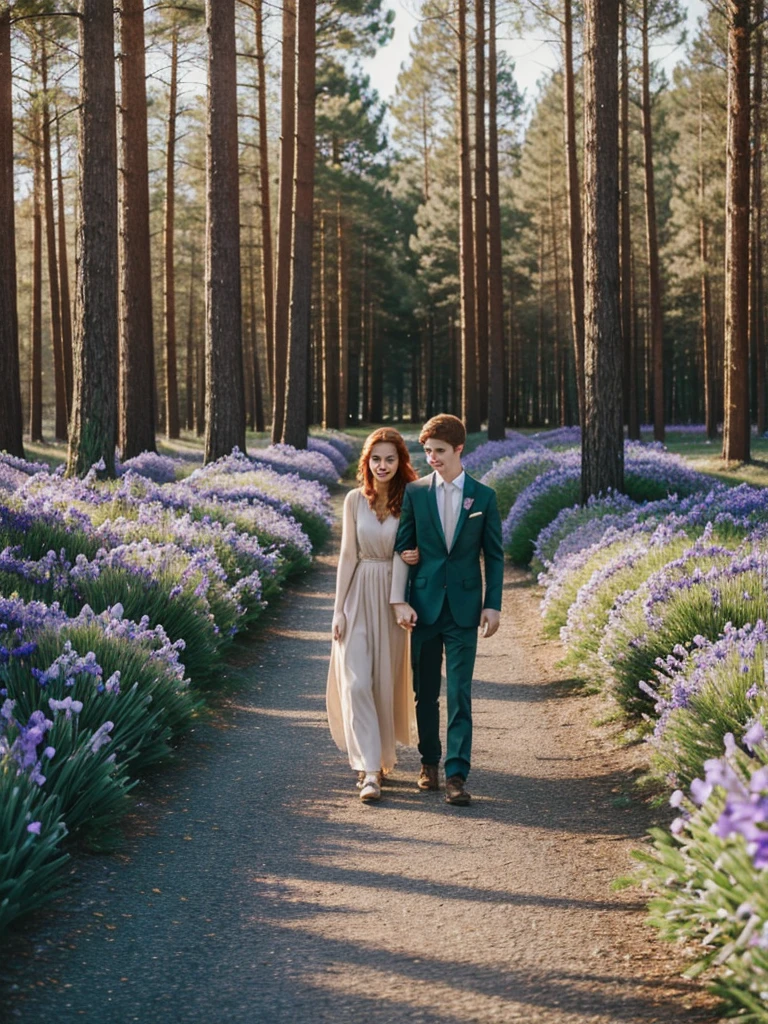 A girl walking with a boy ,The girl has reddish hair and light green eyes , the boy brown hair and amber eyes,the place around them is beautiful, hay sauces,Firs,pine trees along the way,gesture of an upholstered candle holder full of violets,daffodils and roses 