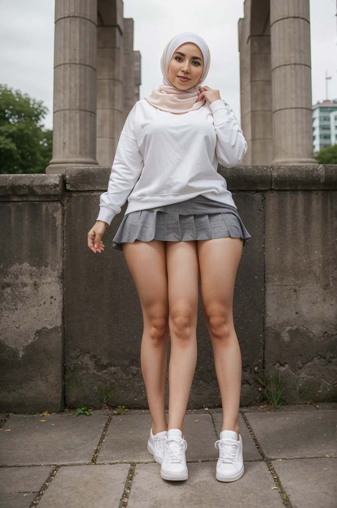 trileg, beautiful woman with three curvy legs, casual outfit with skirt, casual white sneakers, age 29, Irish, hijab