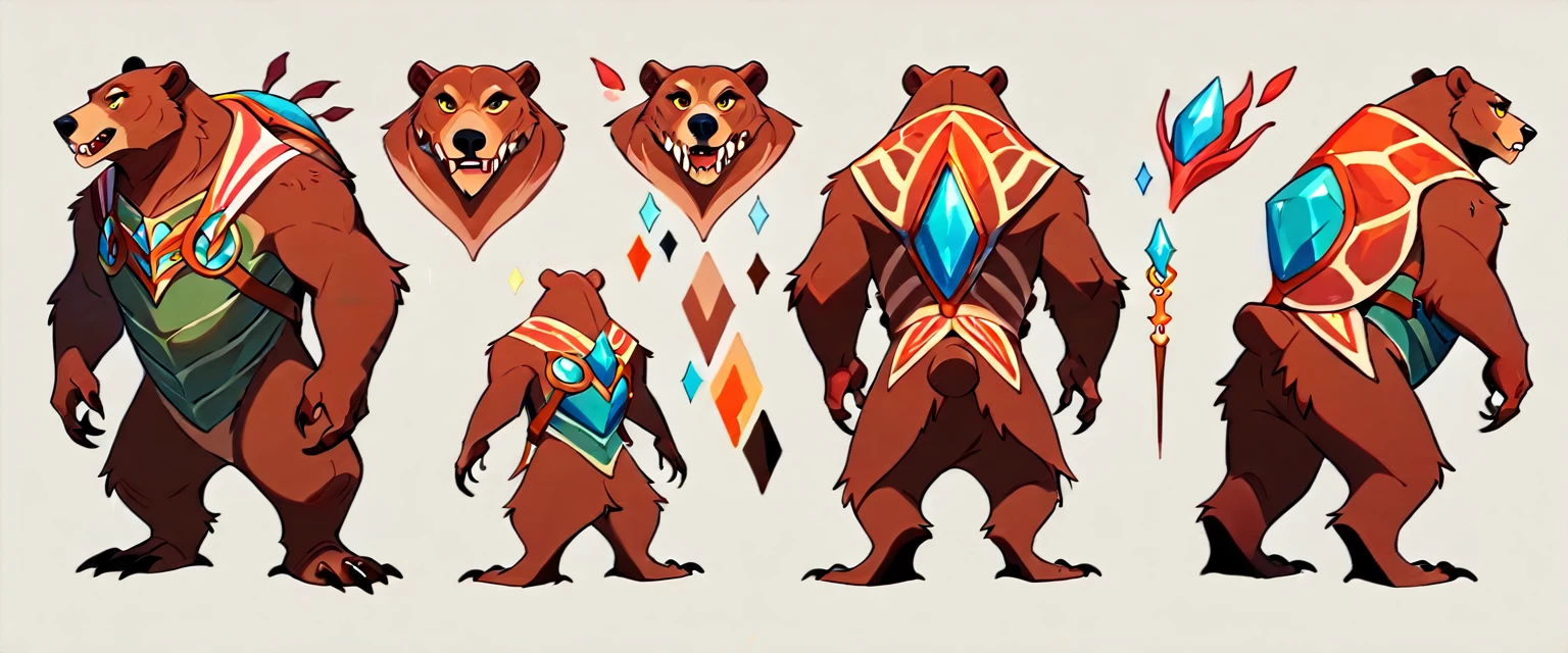 Large Bear Like Creature with large crystals forming a turtle like shell atop it's back, fantasy carnivore, fantasy Fauna, imaginative wildlife, concept art, (creature design sheet, multiple views, poses for reference)
