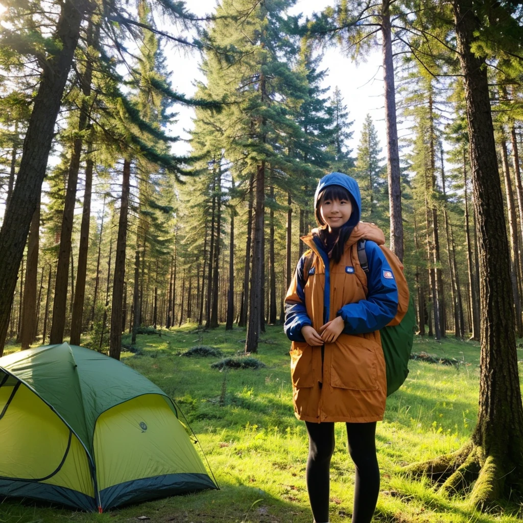 21 year old Japanese woman in camping clothes in the woods、The background is a campsite