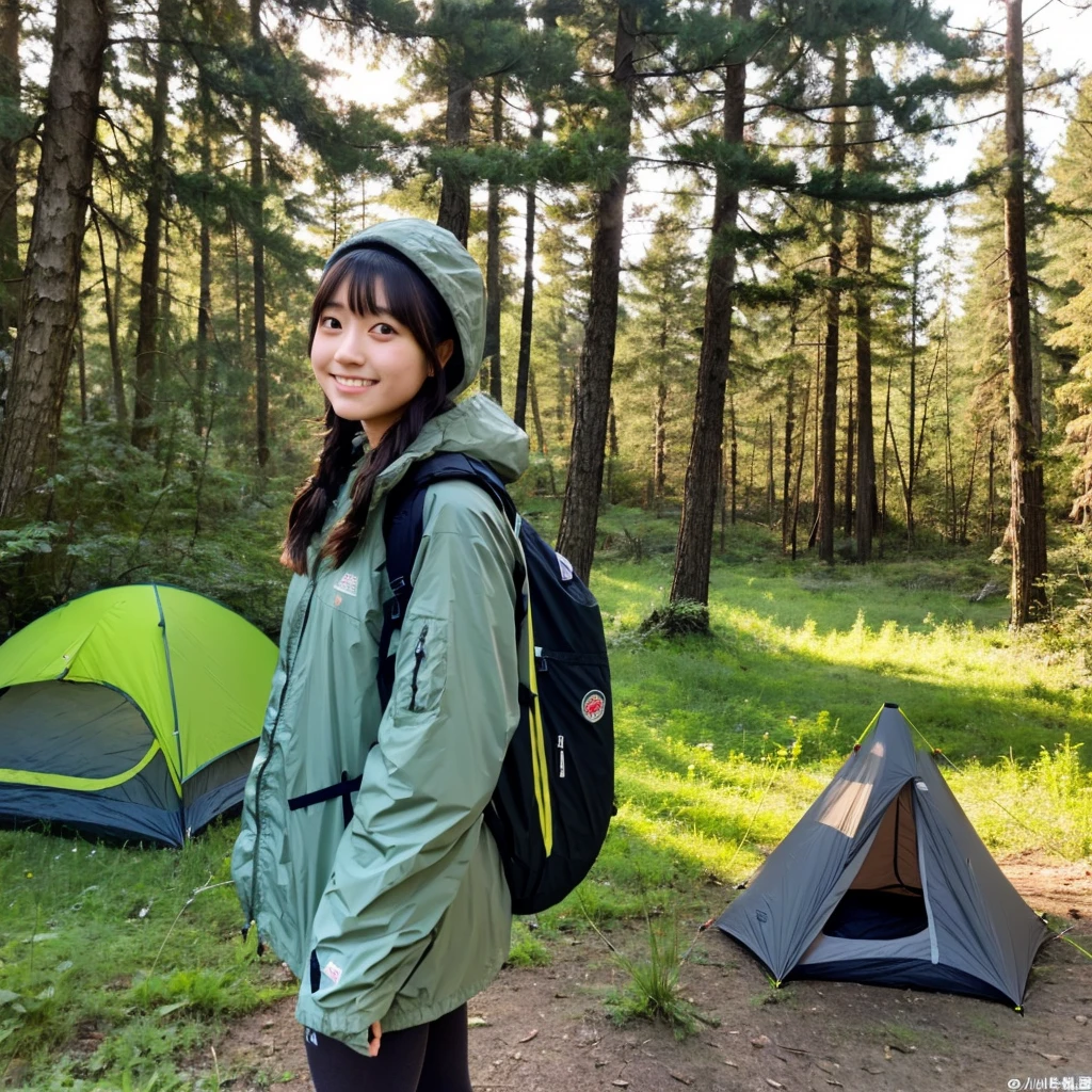 21 year old Japanese woman in camping clothes in the woods、The background is a campsite