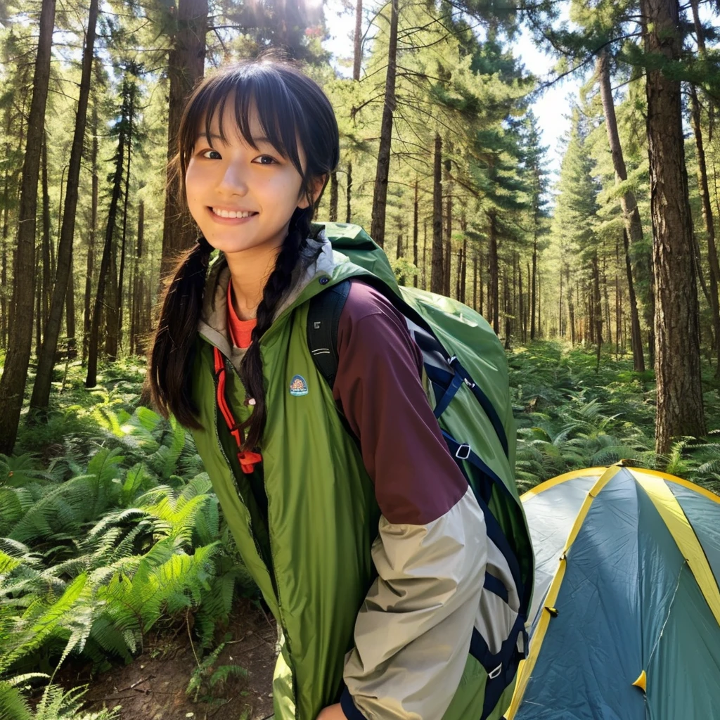 21 year old Japanese woman in camping clothes in the woods、The background is a campsite