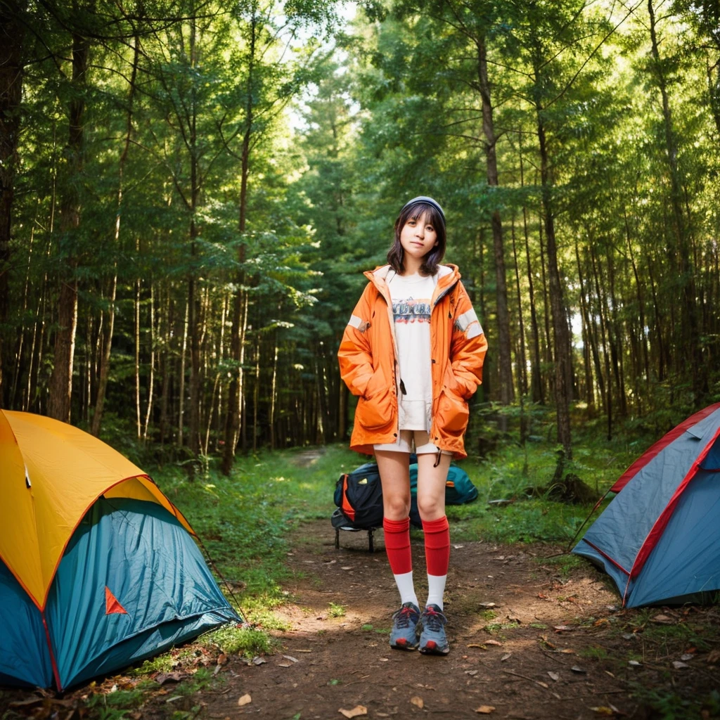 21 year old Japanese woman in camping clothes in the woods、The background is a campsite