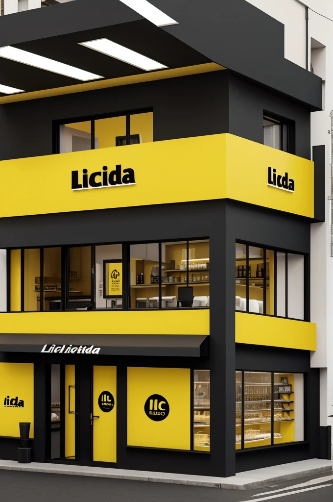 A small cafe with yellow and black walls, with a logo called licida