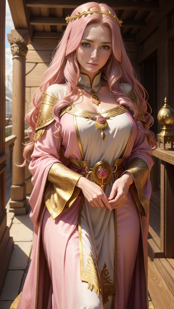 medieval fantasy, priestess in her late 40s, warm and welcoming presence, long wavy brown hairs, pink and gold ribbons, gentle green eyes, fair skin bears the soft lines of age and wisdom, flowing pink and gold robes, gold pendant, in a temple