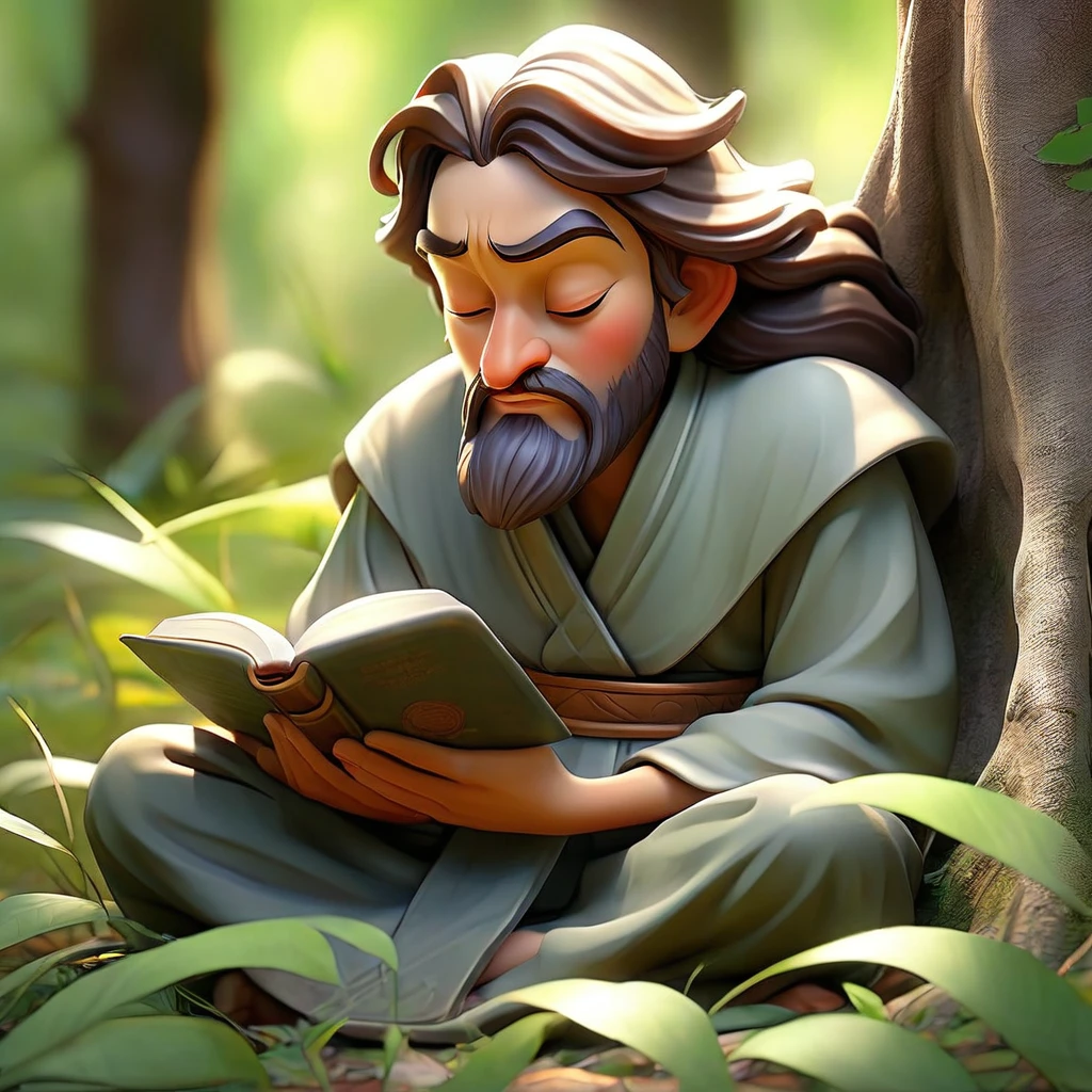 Sob a serene glass, on a peaceful day, happy man in the forest, in voracious prayer. Bible in hands, words of light, seek the comfort that faith always translates. The shadow of the tree, shelter and refreshment, a sacred encounter, an ethereal moment. With eyes closed and heart open, pray with fervor, look for the right path. Every leaf that falls, a divine whisper, guiding your words, showing the destination. On sacred ground, your soul surrenders, to God omnipresent, his life he extends. under the tree, symbol of life and shelter, happy man with bible, in an old dialogue. kneeling in prayer, her strength she renews.