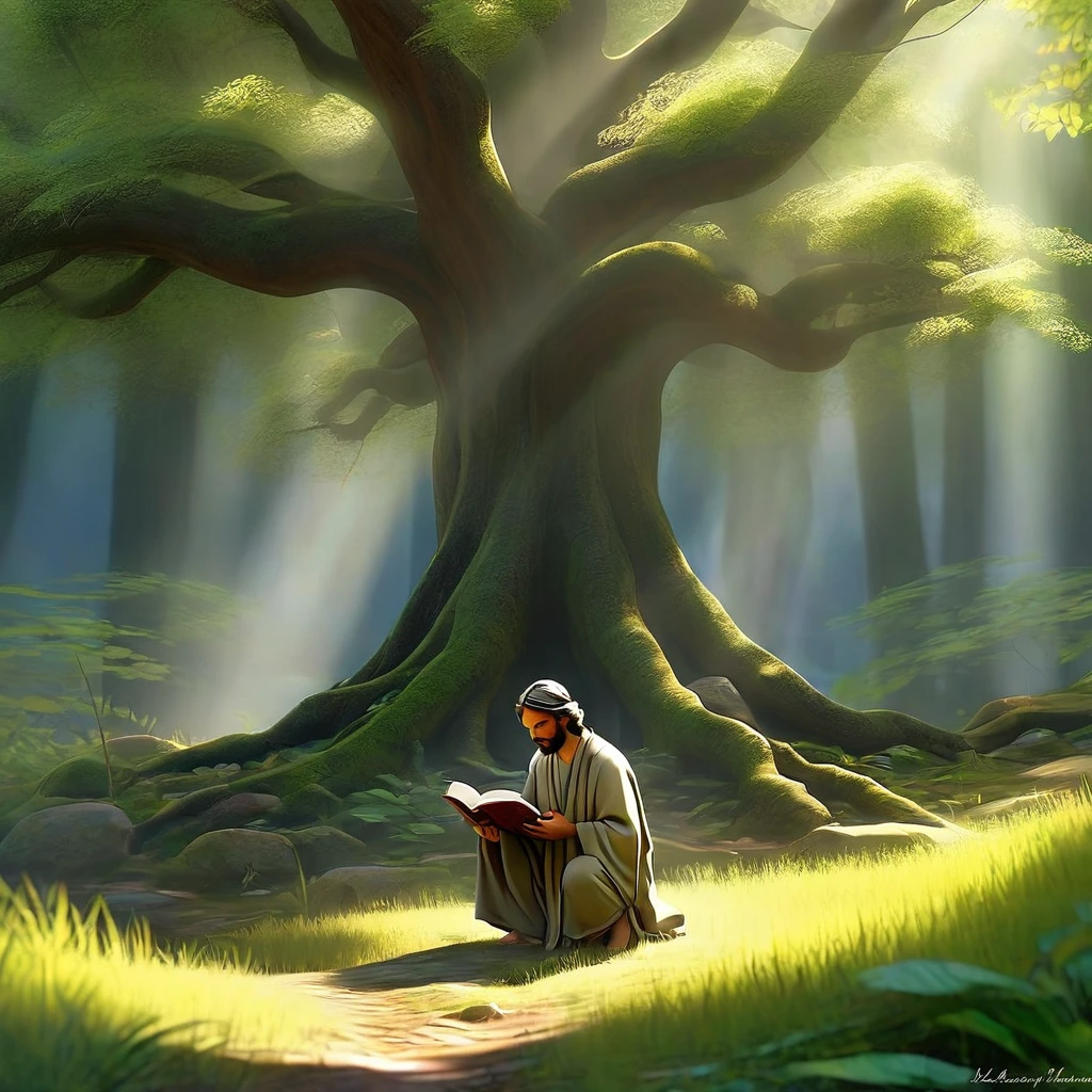 Sob a serene glass, on a peaceful day, happy man in the forest, in voracious prayer. Bible in hands, words of light, seek the comfort that faith always translates. The shadow of the tree, shelter and refreshment, a sacred encounter, an ethereal moment. With eyes closed and heart open, pray with fervor, look for the right path. Every leaf that falls, a divine whisper, guiding your words, showing the destination. On sacred ground, your soul surrenders, to God omnipresent, his life he extends. under the tree, symbol of life and shelter, happy man with bible, in an old dialogue. kneeling in prayer, her strength she renews.
