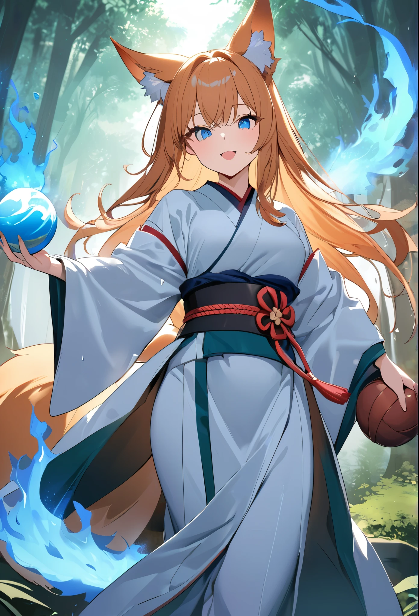 Masterpiece, Extremely detailed, , close distance shot, (A beautiful kitsune woman walking in a rainy forest holding a small ball of blue fire), facing viewer, dynamic pose , fox ears, nine fox tails, traditional Japanese clothing.