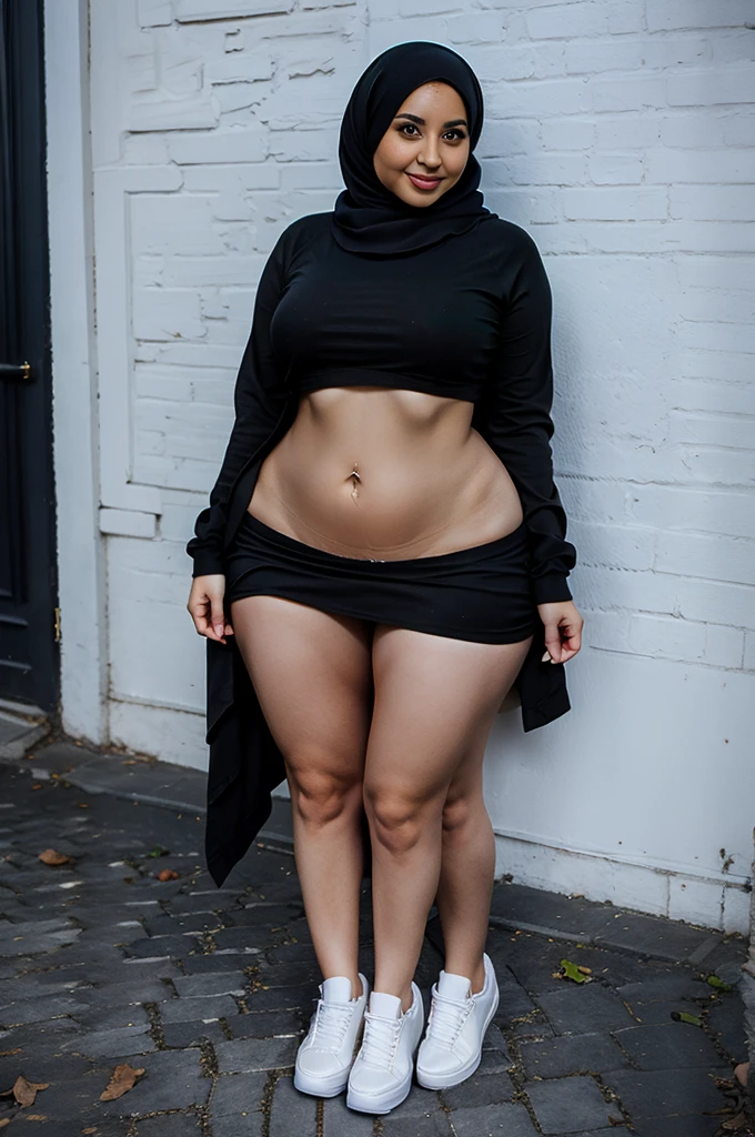 trileg, beautiful woman with three curvy legs, black crop with skirt, casual white sneakers, age 29, Irish, hijab, two headed