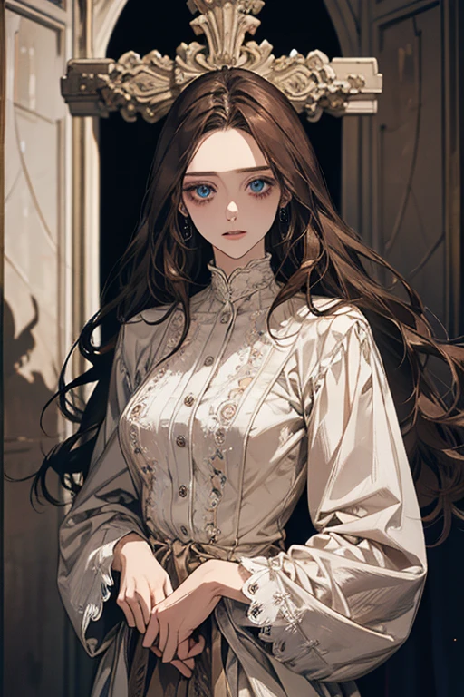 white girl about 25 years old, thin, elegant and beautiful clothes, with crucifix details, crucifix earrings, blind blue eyes, in a European mansion, long wavy brown hair