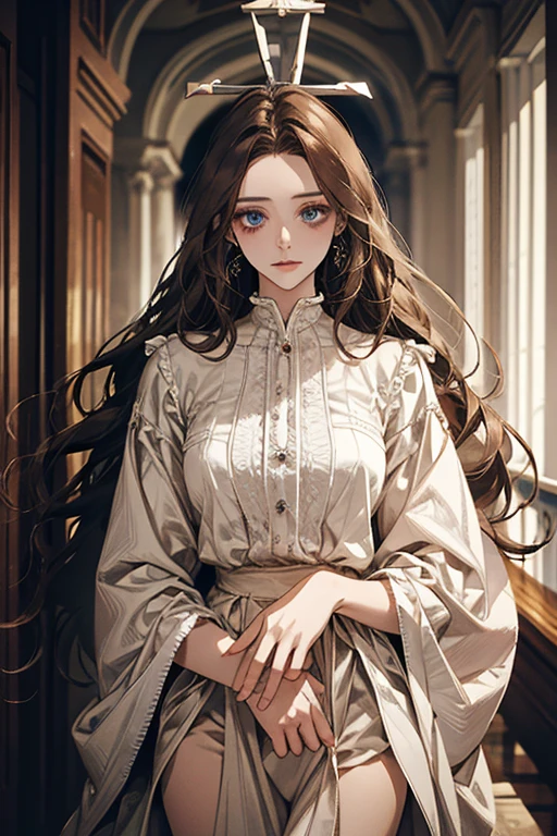 white girl about 25 years old, thin, elegant and beautiful clothes, with crucifix details, crucifix earrings, blind blue eyes, in a European mansion, long wavy brown hair