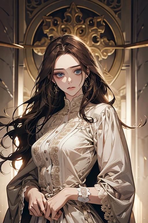 white girl about 25 years old, thin, elegant and beautiful clothes, with crucifix details, crucifix earrings, blind blue eyes, in a European mansion, long wavy brown hair
