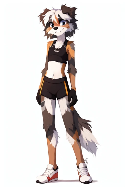 Solo, score_9, score_8_up, score_7_up, score_6_up, score_5_up, score_4_up, source_anime, Anthro, , androgynous Anthro furry girl, maned wolf, brown eyes, tall, long legs, short brown hair, white tips on hair, white highlights on hair, low ponytail, side locks, jitome, bags under eyes, flat chested, barefoot, four toes, wearing black bandeau, black boy shorts, standing, snout, majestic, contrapposto:1.3, contrapposto stance,