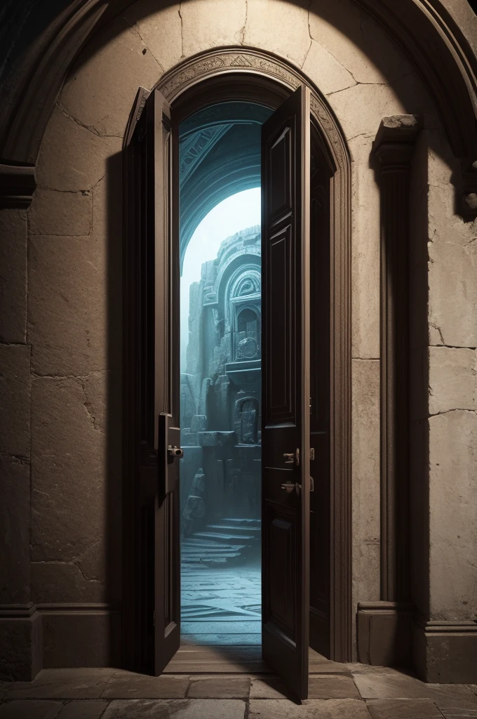 Generate an image of an ancient and extremely tall black door, 3D realistic, incorporating elements of fantasy, mystery. digital art. high resolution. smooth, curved lines. bright, saturated colors.