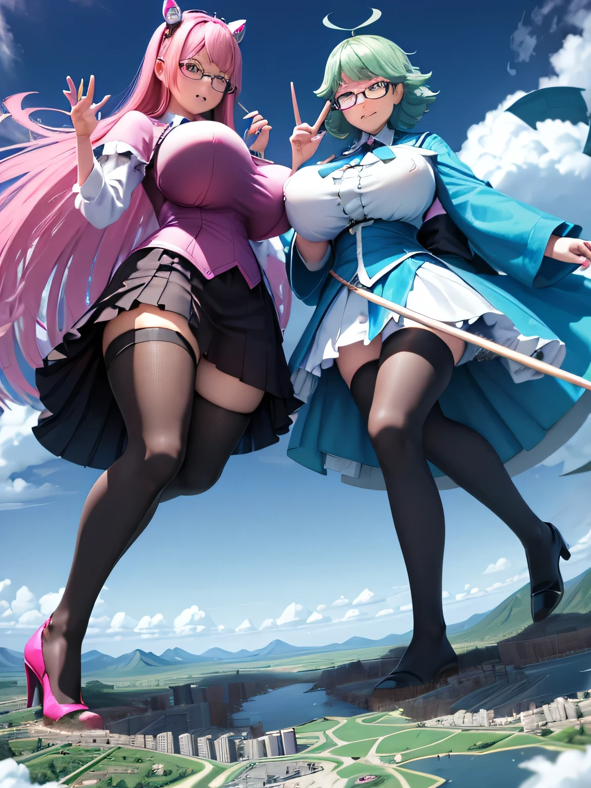 multiple girls, giantess art, highly detailed giantess shots, giantess, most detailed, perfect face, Two legs, Five fingers, short hair, A beautiful girl who is bigger than a skyscraper, Wearing rimless glasses, smile, huge breasts, blue base magical girl dress, bow, magical girl, holding a magical wand, black pantyhose, blue stiletto heels, thunderbolt from a magical wand, Destroying cities, Under heavy attack, A very small big city, Miniature metropolis, Full body description, GTS, giga giantess, stomping city, crash city, tiny city, micro city, pantyhose feet, High resolution, highest quality, masterpiece, 