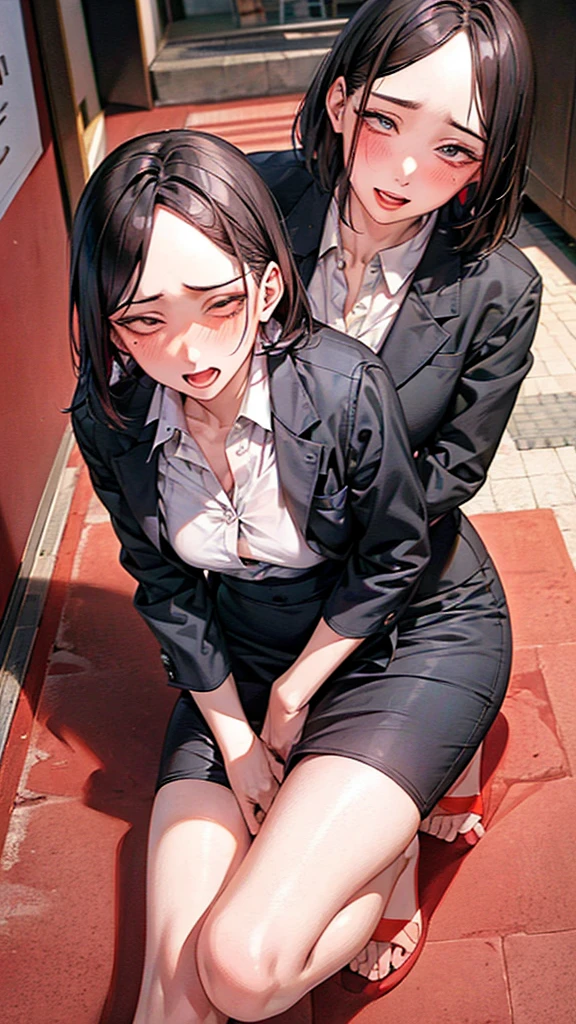 Stairs in the background,masterpiece,Highest quality,High resolution,Anatomically correct,business suit,Short Sleeve Button Down Shirt,Pencil Skirt,Sweat,barefoot,Glowing Skin,blush,Ahegao,Forehead,Bob,ID card,vibrator,male5人,male,Surrounded